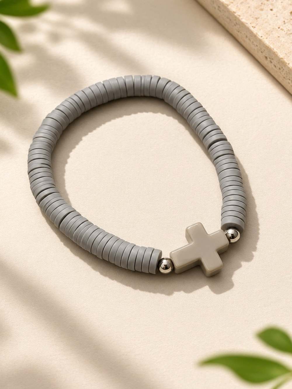 Gray & White Beaded Cross Bracelet